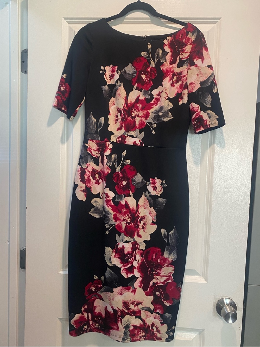 White House Black Market Black Midi Dress with Red & Cream Floral Print